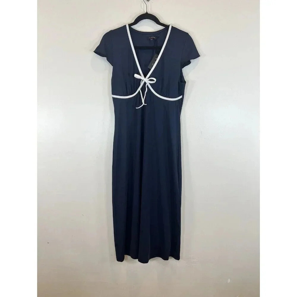 Area Stars Hayley Bow Navy Blue Midi Dress L White Accent Trim Lined NWT